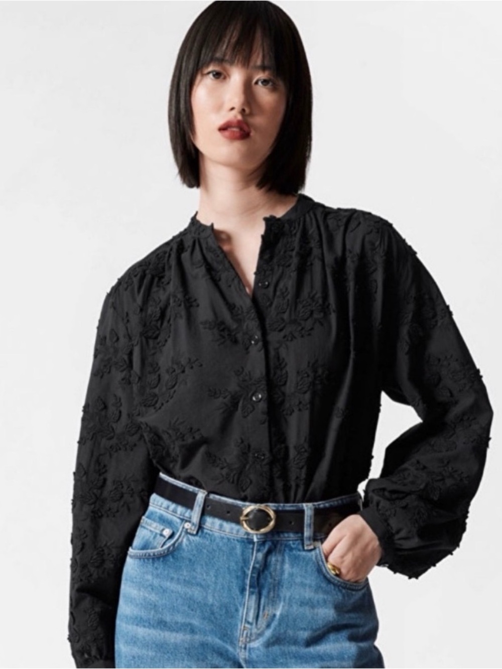& Other Stories Black Embroidered 100% Cotton Button-Up Blouse Size 14